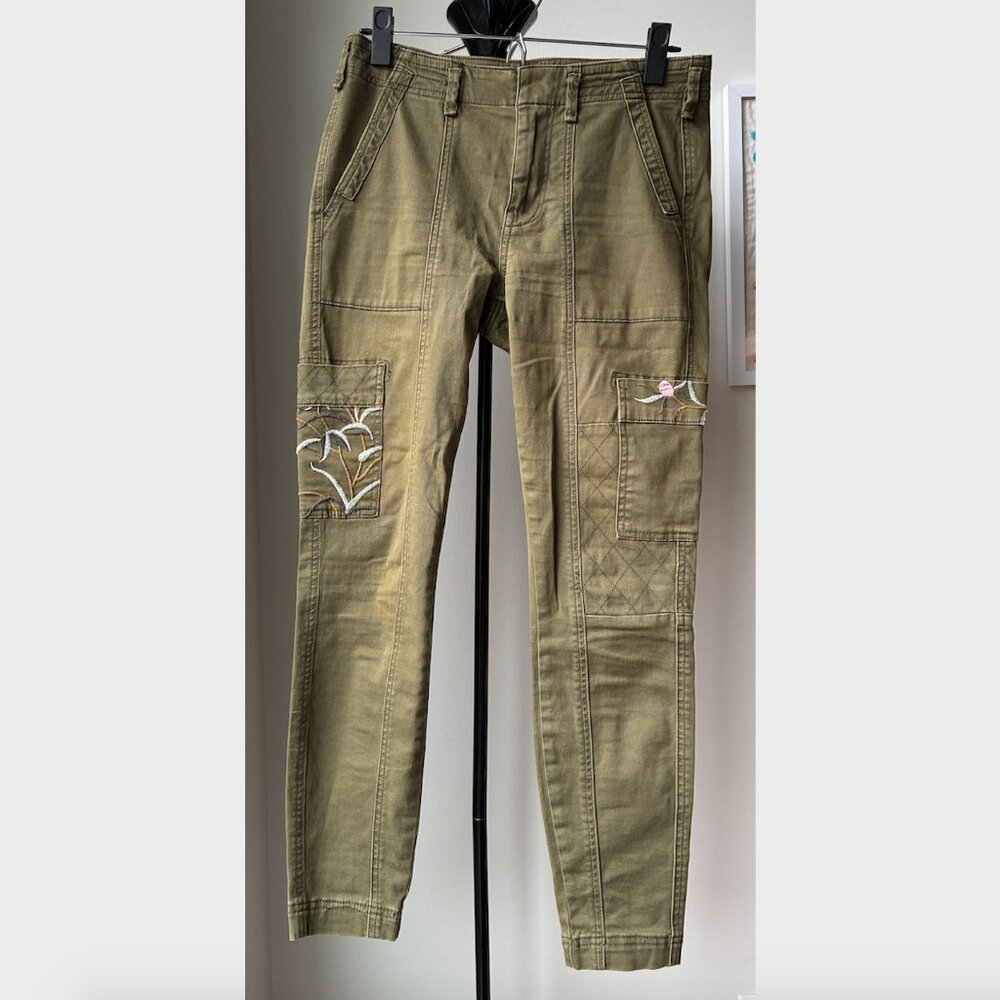 Anthropologie Olive Green Cargo Straight Pants with Embroidered Pockets- Size 26